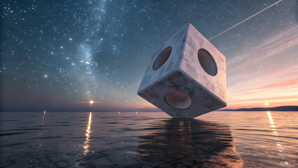 Floating 3D hollow cube with glowing edges over serene ocean at starlit sunset, futuristic sci-fi concept