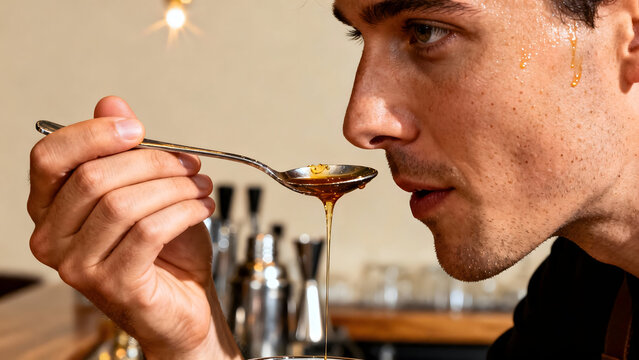 The Art of the Taste: A Focused Barman Experiencing Refined Flavors, with a silver spoon held close to his nose, a refined and attentive individual, immersed in a moment of taste sensation.