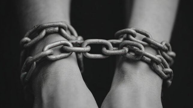 Human Wrists Bound by Heavy Metal Chains in Monochrome Close Up Powerful Symbol of Captivity and Human Rights Struggle Power Under Constraint