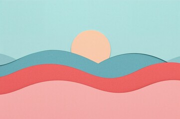 Serene Pastel Paper Cut Landscape - Layered Hills, Gentle Sun, Minimalist Design.