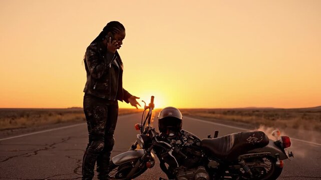 Woman biker stands by her crashed motorcycle on a desert road at sunset while talking on her phone. Urgency and distress in a remote location. Ideal for road safety or insurance advertisements.