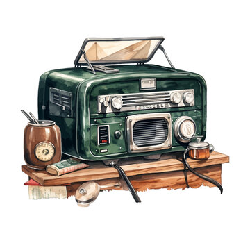 Watercolor Vintage Green Radio on Wooden Shelf with Antique Clock and Books