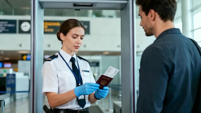 immigration officer verifying traveler credentials at checkpoint station