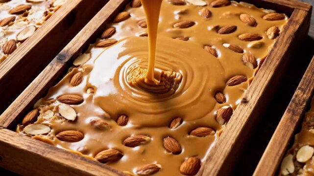 Close medium shot of creamy nut nougat being poured and evenly spread into wooden frames highlighting textured almonds mixed within the warm candy base for artisanal slab