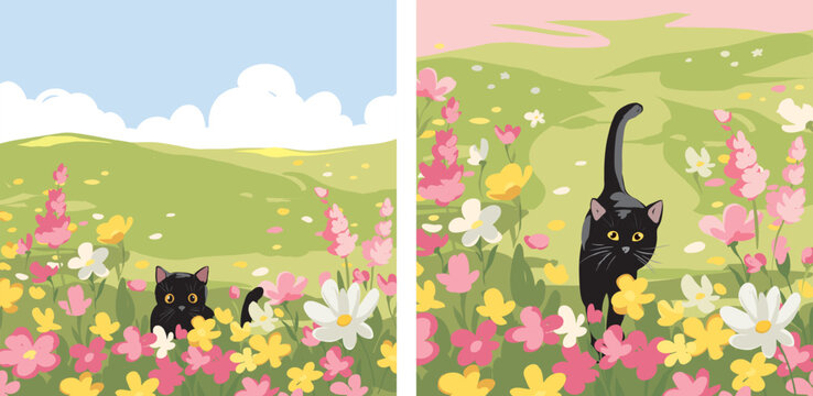 Set spring landscape with flower meadow and black cat. Vector illustration in watercolor style. Hand drawn author's drawing.