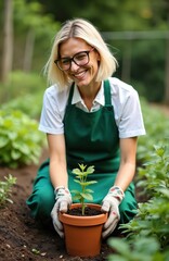 Fototapeta premium Woman with glasses in green apron plants seedling in pot. She smiles, wearing gardening gloves in soil. Person cares for small green plant, enjoys hobby outside.