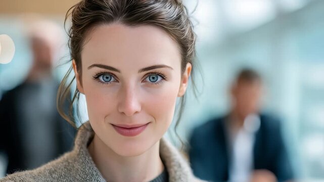 Confident young woman with blue eyes and natural makeup smiling gently in a modern office environment. Professional portrait captures positive energy and approachable demeanor