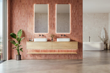 Plakat Bathroom interior with luxury freestanding bathtub and double vanity 3d render