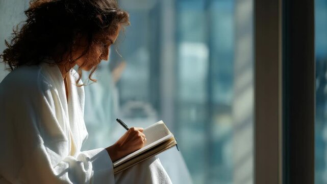 Young woman in a white robe sits by a large window, thoughtfully writing in a notebook as natural sunlight streams in. Peaceful morning atmosphere inspires creativity and reflection