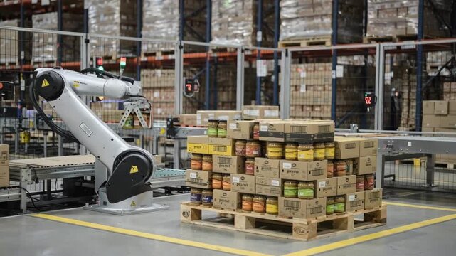 Medium shot of a robotic arm precisely stacking assorted peanut butter cases onto pallets in an automated warehouse environment showcasing efficient mixed SKU palletizing.