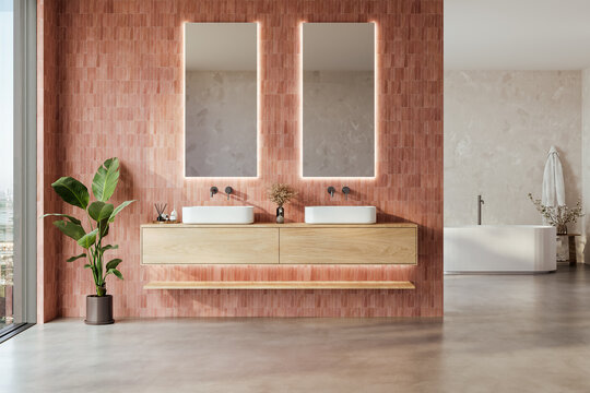Bathroom interior with luxury freestanding bathtub and double vanity 3d render