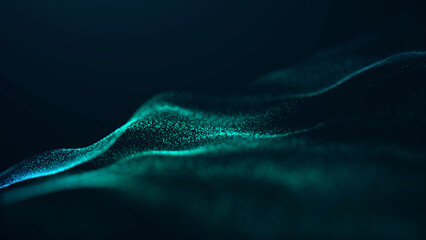 Turquoise digital particle waves flowing in smooth motion, abstract futuristic energy landscape with glowing dots and fluid surface, modern technology background with depth and dynamic movement. © Vooper