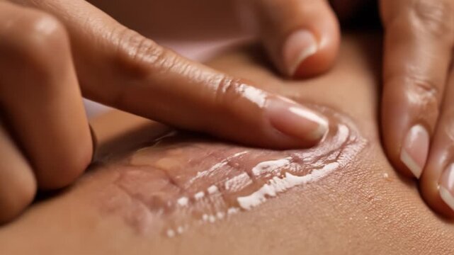 A person applies clear healing gel to a surgical scar on their skin. This macro shot highlights skincare and medical recovery processes. Ideal for dermatology or surgical aftercare content.