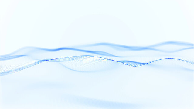 Smooth blue particle waves forming soft digital landscape on clean light background, minimal futuristic flow, abstract fluid energy surface, calm modern technology style.
