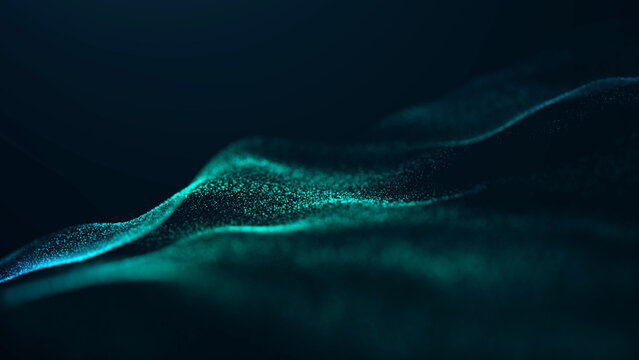 Turquoise digital particle waves flowing in smooth motion, abstract futuristic energy landscape with glowing dots and fluid surface, modern technology background with depth and dynamic movement.