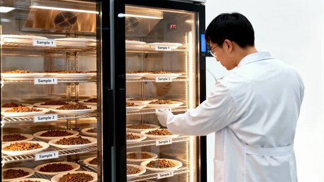 Laboratory incubators with multiple pet food sample plates inside monitored by quality control staff for microbial growth under precise temperature conditions.