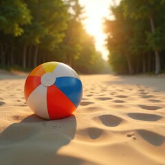 Obraz premium Colorful beach ball rests on sandy path. Sun shines through green trees lining shore. Gentle ocean breeze hints at summer fun and playful activities.