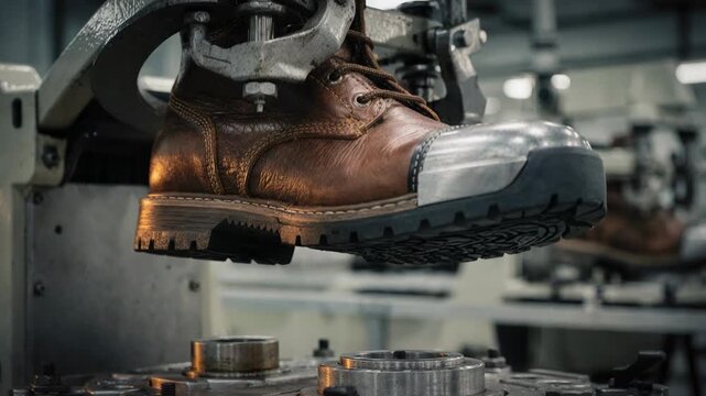 Medium shot of steeltoe boot uppers being stretched securely over lasts with industrial lasting machines highlighting sturdy construction and protective design.