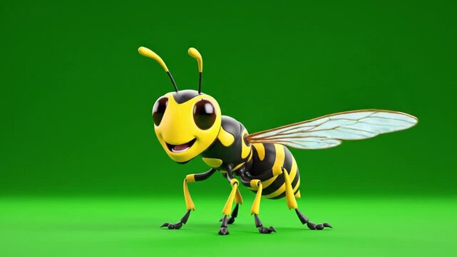 A cheerful 3d cartoon wasp character is standing and smiling, rendered brightly against a vibrant green studio background.