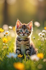 Obraz premium Small tabby kitten sits in vibrant spring meadow with blooming daisies and yellow flowers. Golden hour sunlight illuminates cute young cat exploring nature, peaceful animal portrait.