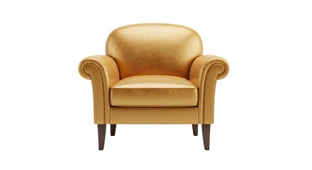 Elegant golden beige armchair with rolled arms and cushioned seat isolated on transparent background