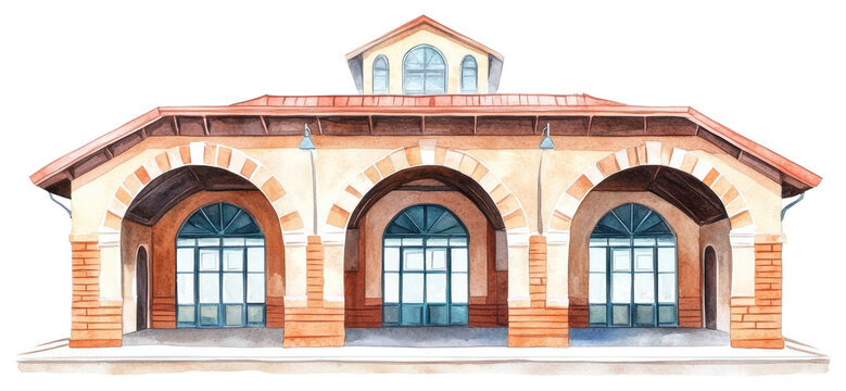 PNG Train station illustration watercolor building.