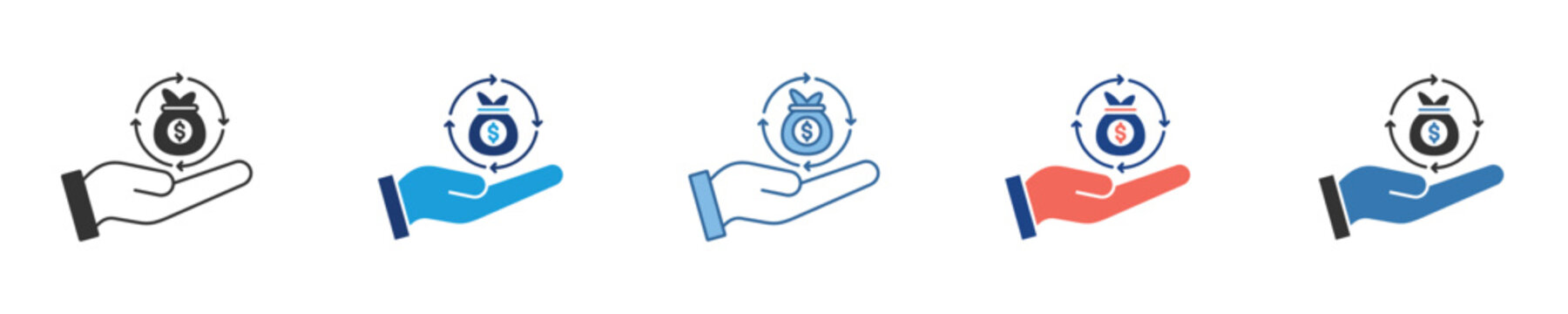 Diverse vector icon set illustrating financial objectives and investment strategies, featuring hands holding money bags with target symbols, ideal for banking, business, and savings applications