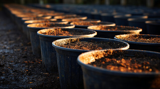 Rows of empty plant pots filled with soil, ready for planting in a nursery or garden center, bathed in warm sunlight.
