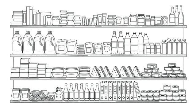 Black and white line drawing of neatly arranged supermarket shelves. Items include bottles, jars, boxes, and snacks, conveying organization and abundance.