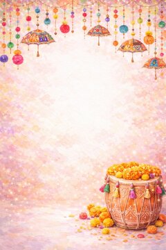 Haldi and Sangeet Ceremony Invitation Background with Traditional Dhol and Marigold Watercolor Illustration