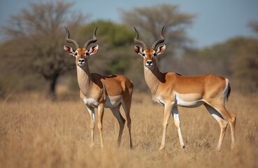 Fototapeta premium Two impala antelopes stand alert in dry grassland. Their elegant bodies, curved horns are visible against blurred natural backdrop of trees, sky. This savanna scene evokes peace, natural beauty.