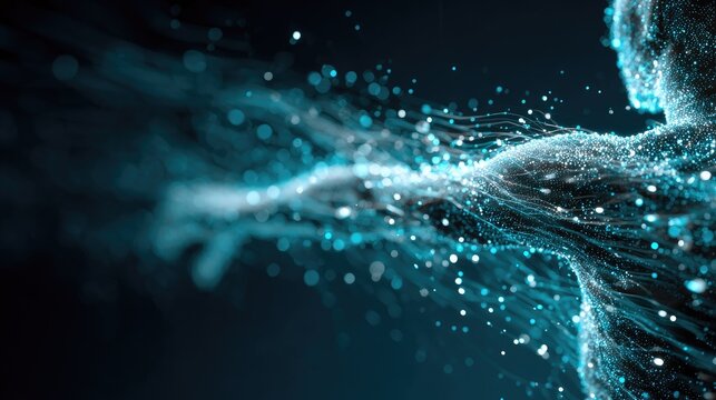Abstract digital human form emerging from glowing particles against dark background