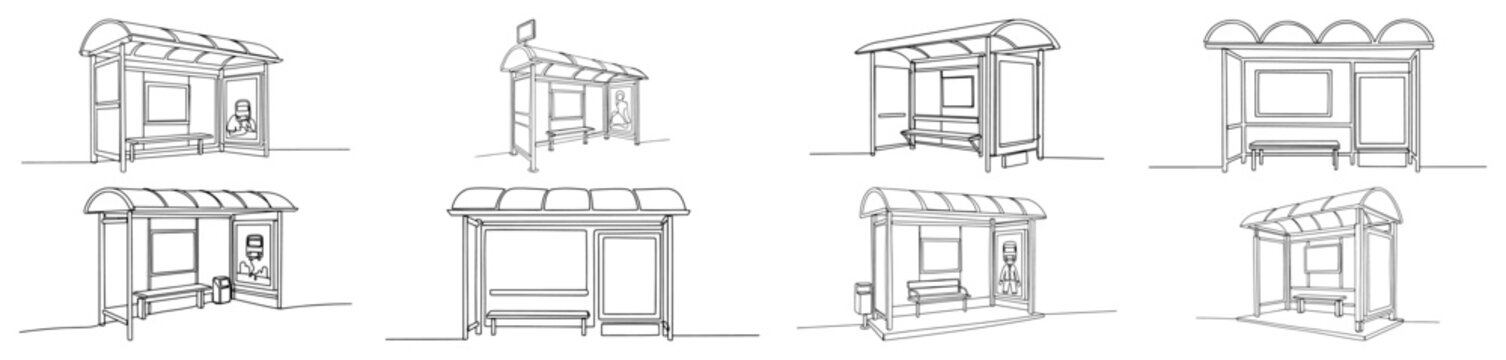 Collection of modern bus stop shelters and transit station designs in minimalist continuous line style