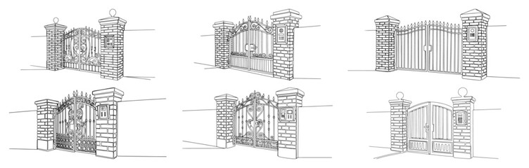 Obraz premium Collection of minimalist line art sketches featuring various wrought iron entrance gates with brick pillars