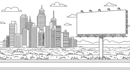 Line drawing of a city skyline with tall, detailed skyscrapers under a cloudy sky. To the right, a large, blank billboard stands in a grassy area. © hossain