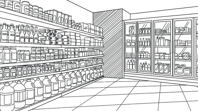 Black and white line drawing of a grocery store aisle with shelves stocked with bottles, jars, and boxes. Refrigerators are on the right, creating a clean, organized look.