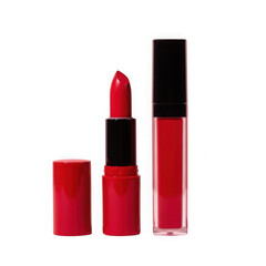 Obraz premium A trio of vibrant red lipsticks and a matching nail polish set isolated on transparent background