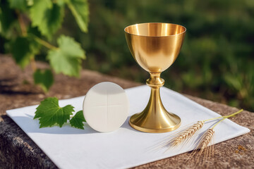 Golden chalice with communion host, wheat, and grape leaves
