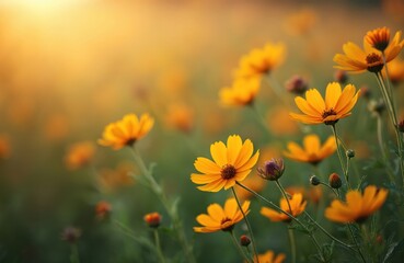 Obraz premium Field of bright yellow wildflowers blooms under soft golden sun. Gentle breeze blows through green stems, creating tranquil natural scenery. Summer day evokes feelings of peace and warmth.