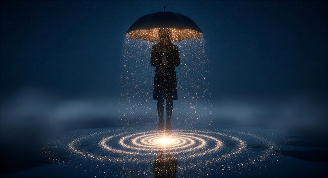 Surreal Night Scene With Umbrella Raining Stars and Galaxy Light