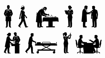 Medical and Healthcare Professionals Silhouette Set with Doctor, Nurse, Surgeon and Patient Vector Collection
