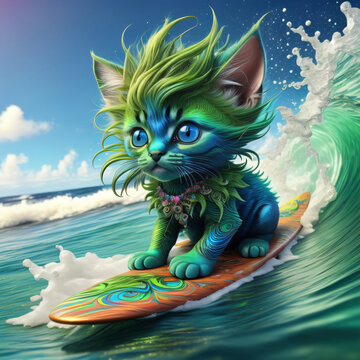 Cute cartoon vector illustration of a black kitten and mouse having fun on a beach by the sea, featuring a lovely hand-drawn art design of these domestic feline animals