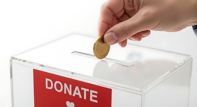 Close-up hand putting coin into donation box on clean white background, charity and fundraising concept, giving and support theme, minimal studio stock photo for donation campaign.