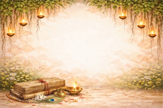 Upanayan Sanskar invitation background with ancient book and diyas