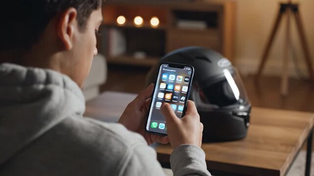 A young man uses a smartphone to list a black motorcycle helmet for sale on an online marketplace. He is at home in a cozy evening setting. Concept of e-commerce and resale.