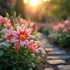 Pink lilies bloom along stone path in rich garden at sunset. Soft sunlight warms floral landscape. Nature awakens with spring colors and gentle light.
