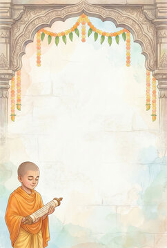 Upanayana Ceremony Invitation Background with Indian Boy and Floral Arch Watercolor Illustration