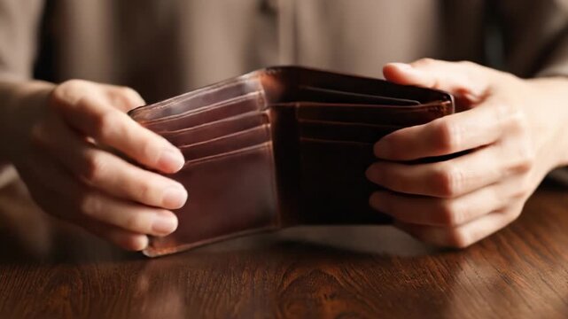 Person hands opening and searching through an empty brown leather wallet on a wooden table. Concept of poverty, financial crisis, or bankruptcy. Useful for financial or social issues content.