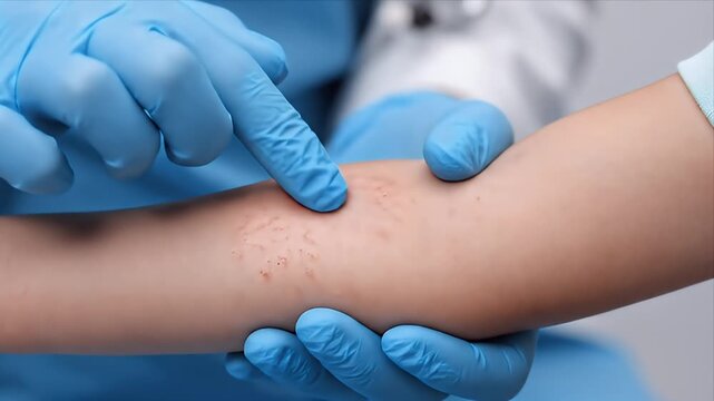 Close-up of Doctor's Hands in Blue Gloves Examining Child's Arm with Red Rash
