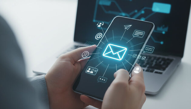 Smartphone user holding mobile device showing glowing email icon and digital communication network symbols with laptop in background during daytime